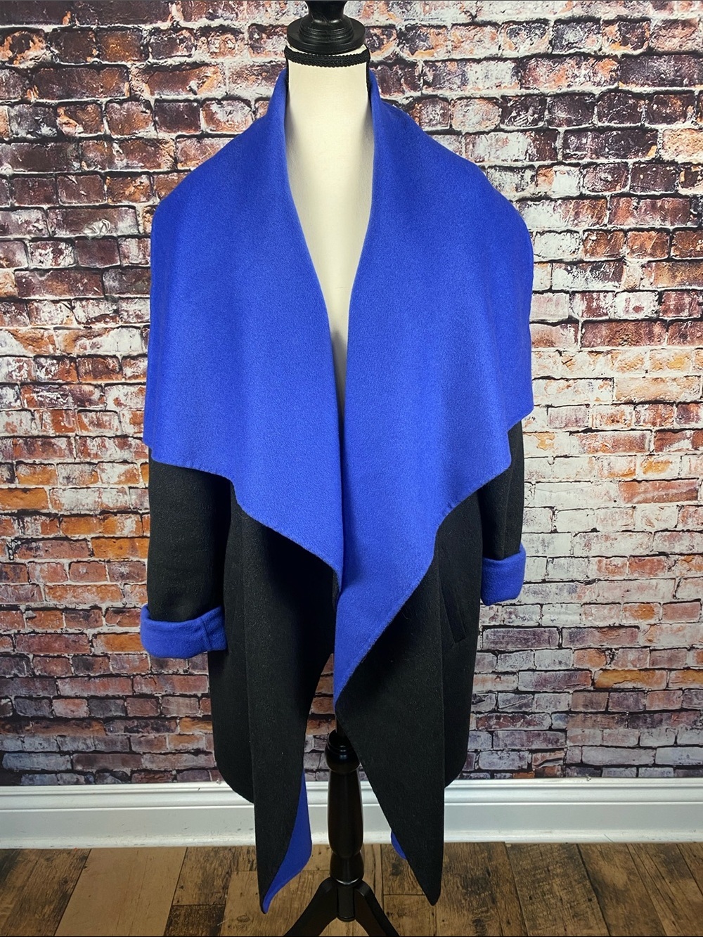 Lafayette 148 New York Wool Angora Blue Black Open Front Cardigan Cape Sz XL